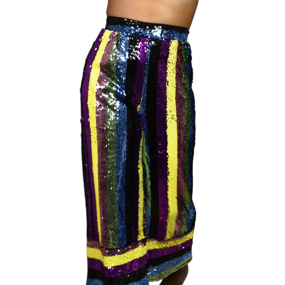 Fashion Nova Sequin Pant Rainbow Stripe Multicolor Cropped Wide Colorblock Small - Picture 8 of 16